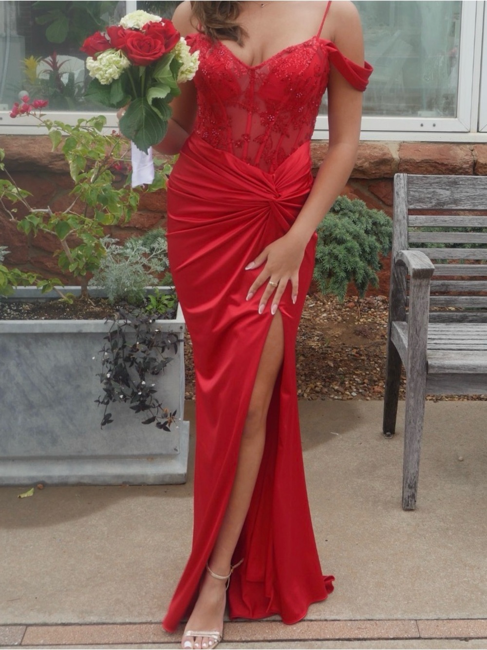 Red Beaded Evening Gown with Knot Waist and High Slit